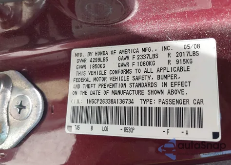 2008 Honda Accord 2.4 Lx из США, поврежденный, VIN 1HGCP26338A136734